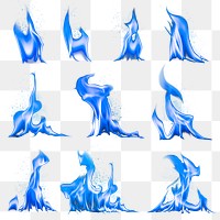 Blue flame png sticker, realistic burning fire set