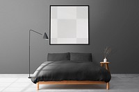 Picture frame png mockup hanging in minimal bedroom home decor interior