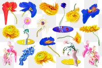 Flowers PNG stickers psychedelic colorful abstract art set