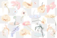 Flowers PNG stickers psychedelic pastel abstract art set