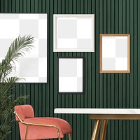 Png gallery wall mockup hanging in retro green dining room