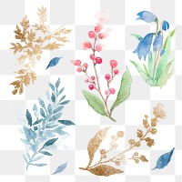 Winter png leaves set watercolor blue seasonal graphic