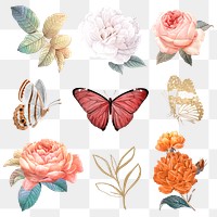 Png flower & butterfly stickers, watercolor design, remixed from vintage public domain images