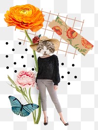 Collage cat woman png sticker, printable vintage scrapbook collage paper cutout and digital planner element