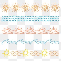 Sun, beach, summer png brush hand drawn ocean wave pattern set