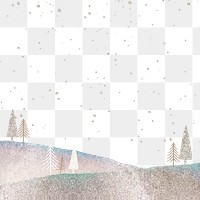 Snow landscape png border, transparent background, watercolor glitter design