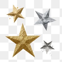 Gold & silver star png shape stickers, textured collage element on transparent background