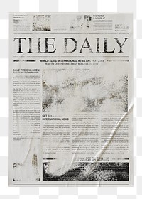 Vintage newspaper png, glued to a wall on transparent background