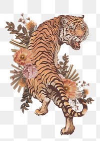 Tiger png sticker, floral transparent background