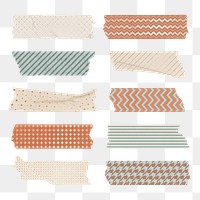 Cute washi tape png sticker, earth tone pattern stationery set on transparent background
