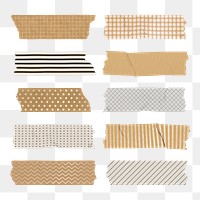 Washi tape png clipart, brown patterned digital decorative stickers set on transparent background