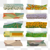 Floral washi tape png sticker, aesthetic colorful design set on transparent background