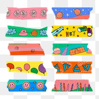 Colorful washi tape png sticker, fun design for kids set on transparent background