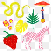 Exotic funky png stickers, aesthetic collage elements set on transparent background