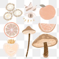Funky diary png stickers, earth tone pastel design set on transparent background