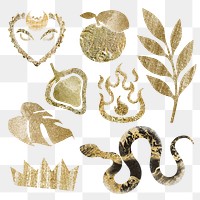 Exotic glittery png stickers, aesthetic gold collage elements set