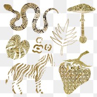 Exotic glittery png stickers, aesthetic gold collage elements set