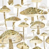 Mushroom psychedelic png pattern, transparent background, gold cottagecore design