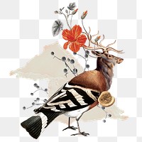 Deer bird collage sticker png, scrapbook paper clip art