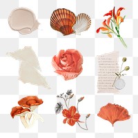 Scrapbook collage sticker png element with flowers and note paper set