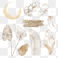 Gold botanical png stickers set, watercolor texture design, transparent background