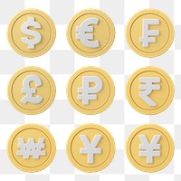 International currency png, money clipart, 3D finance graphic set on transparent background