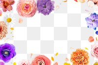 Colorful png flowers frame, floral design in transparent background