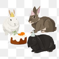 PNG rabbit birthday party, carrot cake, cute animal sticker, transparent background