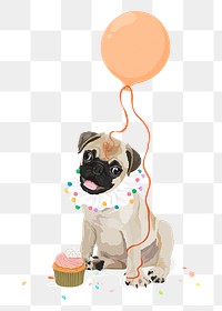 PNG pug puppy sticker, party balloon and cupcake illustration, transparent background