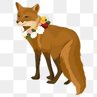 Fox illustration png, flower necklace sticker, transparent background