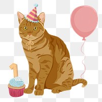 PNG cat birthday, ginger shorthair, party animal sticker, transparent background