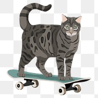 Cool cat png sticker, skateboard and silver bengal cat, animal illustration, transparent background