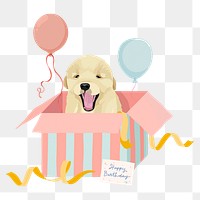 Birthday gift png, golden retriever puppy in a box illustration sticker, transparent background