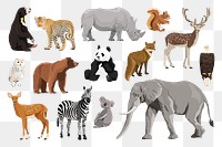 PNG wild animals illustration sticker set, transparent background