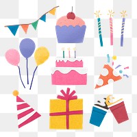 Png birthday sticker set, paper craft design on transparent background