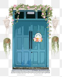 Aesthetic French png door clipart, house entrance with flowers