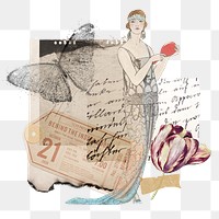 Vintage aesthetic ephemera png collage clip art, mixed media background featuring flapper and butterfly, transparent background