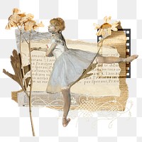 Vintage aesthetic ephemera png collage, mixed media background featuring ballerina and flower, transparent background 