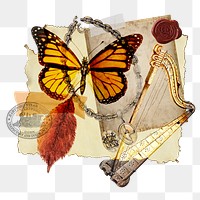 Vintage aesthetic ephemera png collage, mixed media background featuring butterfly and harp, transparent background 
