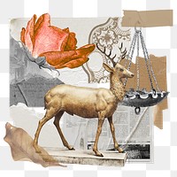 Vintage aesthetic ephemera png collage, mixed media background featuring deer and rose, transparent background 