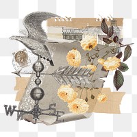 Vintage aesthetic ephemera png collage, mixed media background featuring rose and wind vane, transparent background 