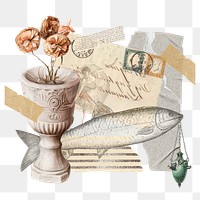 Vintage aesthetic ephemera png collage, mixed media background featuring fish and flower, transparent background 