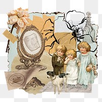 Vintage aesthetic ephemera png collage, mixed media background featuring kids and flower, transparent background 