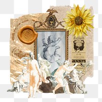 Vintage aesthetic ephemera png collage, mixed media background featuring people and flower, transparent background 