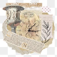 Vintage aesthetic ephemera png collage, mixed media background featuring goblet and clock, transparent background