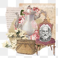 Vintage aesthetic ephemera png collage, mixed media background featuring teapot and Greek statue head, transparent background 