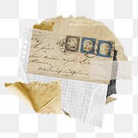 Vintage paper scrap collage png with postage stamps and tape