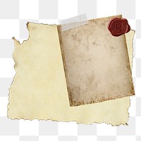 Burnt vintage paper png with wax seal, transparent background