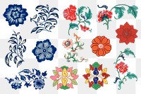 Flower png sticker, aesthetic vintage Chinese graphic, transparent background set