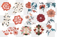Flower png sticker, aesthetic vintage Chinese graphic, transparent background set